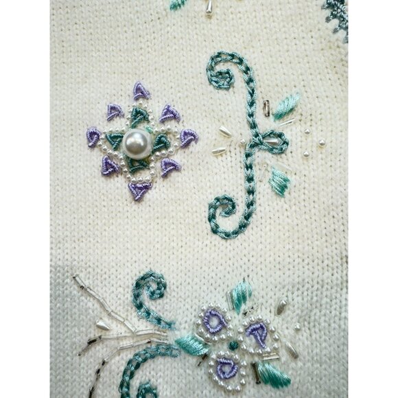 Koret Womens Embroidered Floral Vest L Ivory Green Purple Pearl Button Croquette - Picture 4 of 14